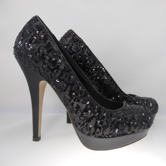 black sequin platform heels